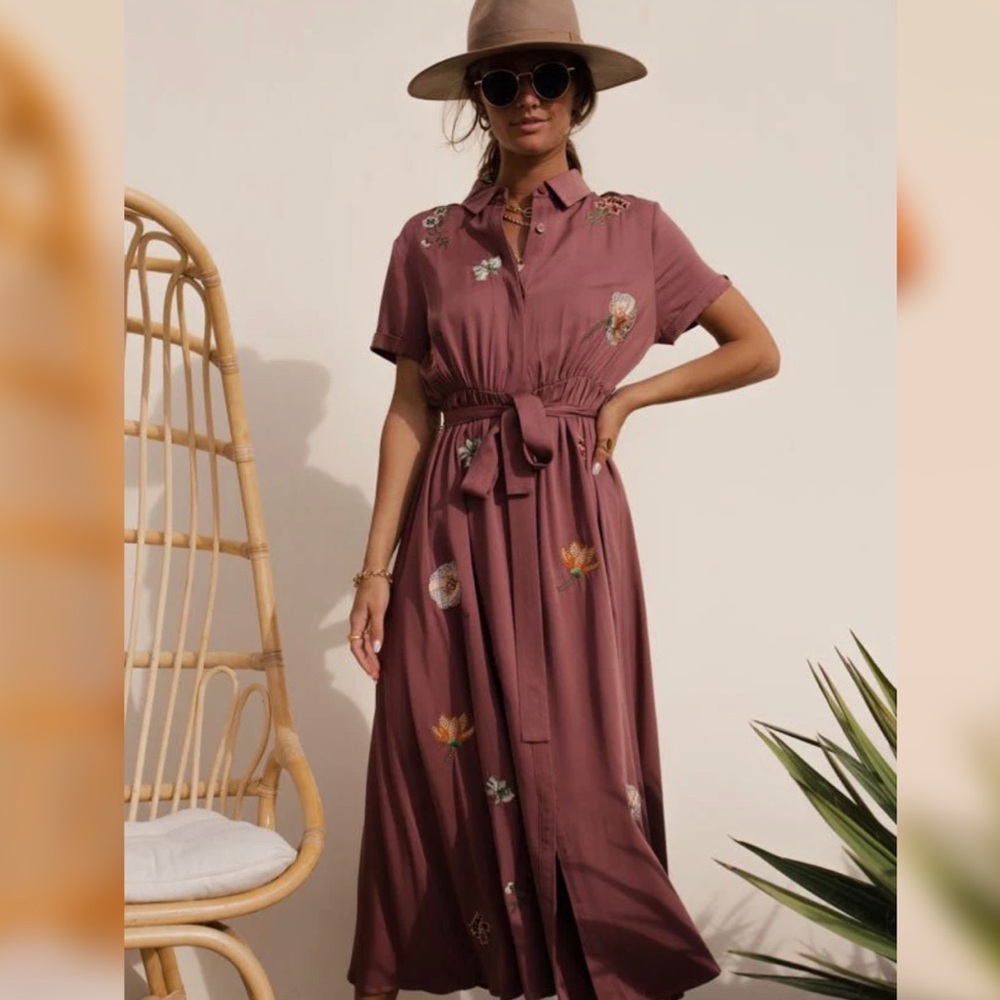 Bohme Floral Embroidered Mauve Shirt Dress